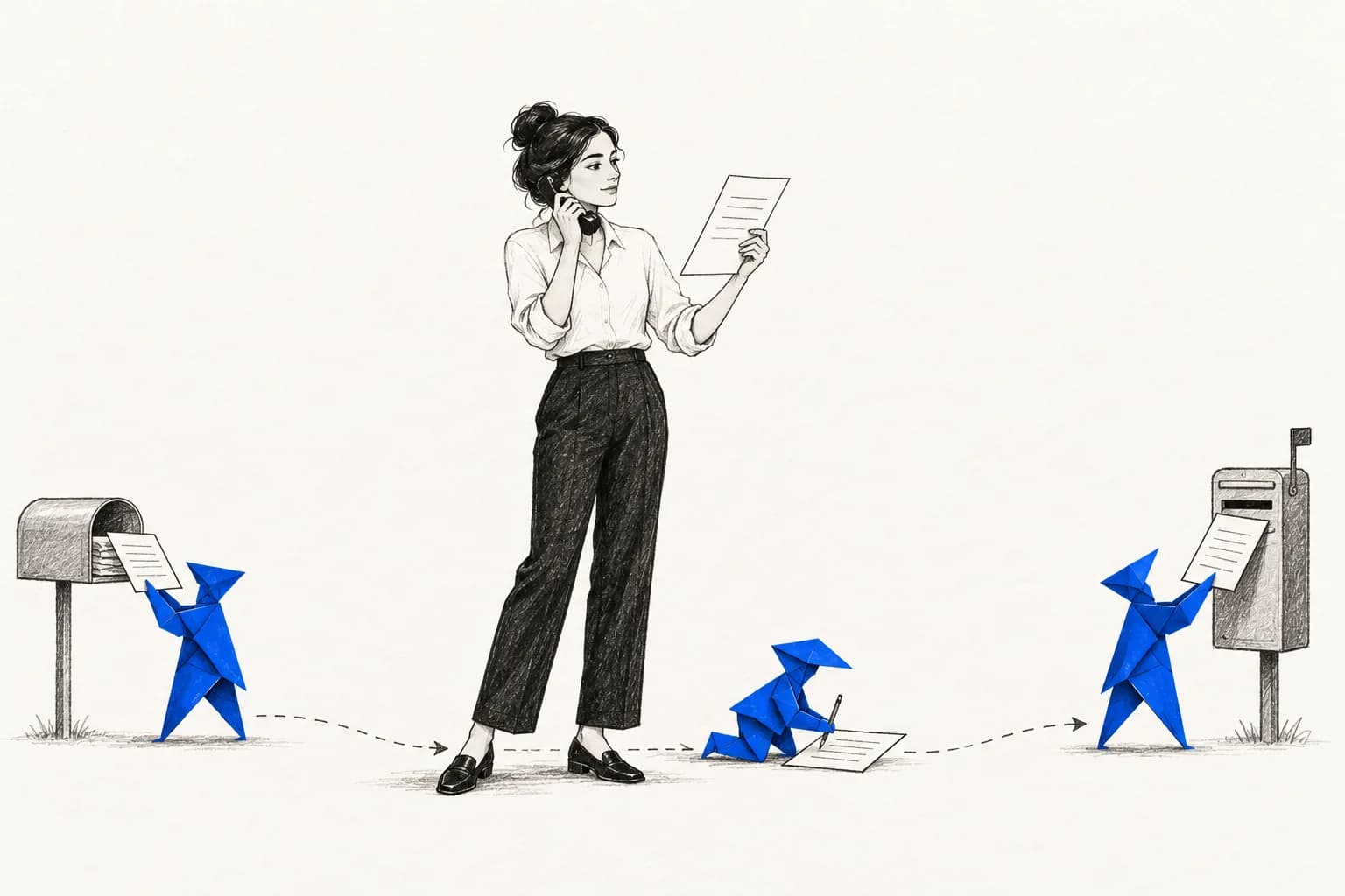 Pencil illustration of a billing specialist on the phone reading a returned invoice while paper helpers fix it and send it back out.