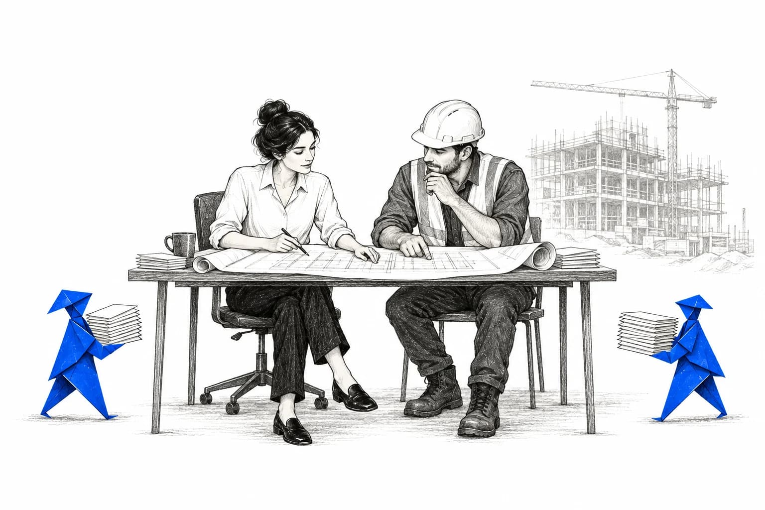 Pencil illustration of a billing specialist reviewing construction documents with a project manager.