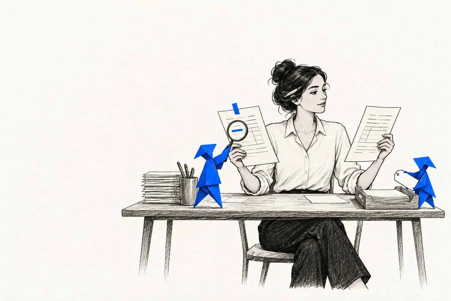 Pencil illustration of a billing specialist comparing a flagged invoice against a purchase order while paper helpers check a line.