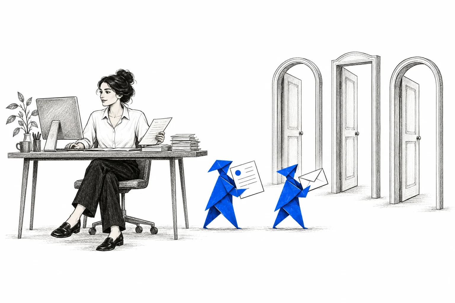 Pencil illustration of a billing specialist and paper helpers organizing customer portal submissions.