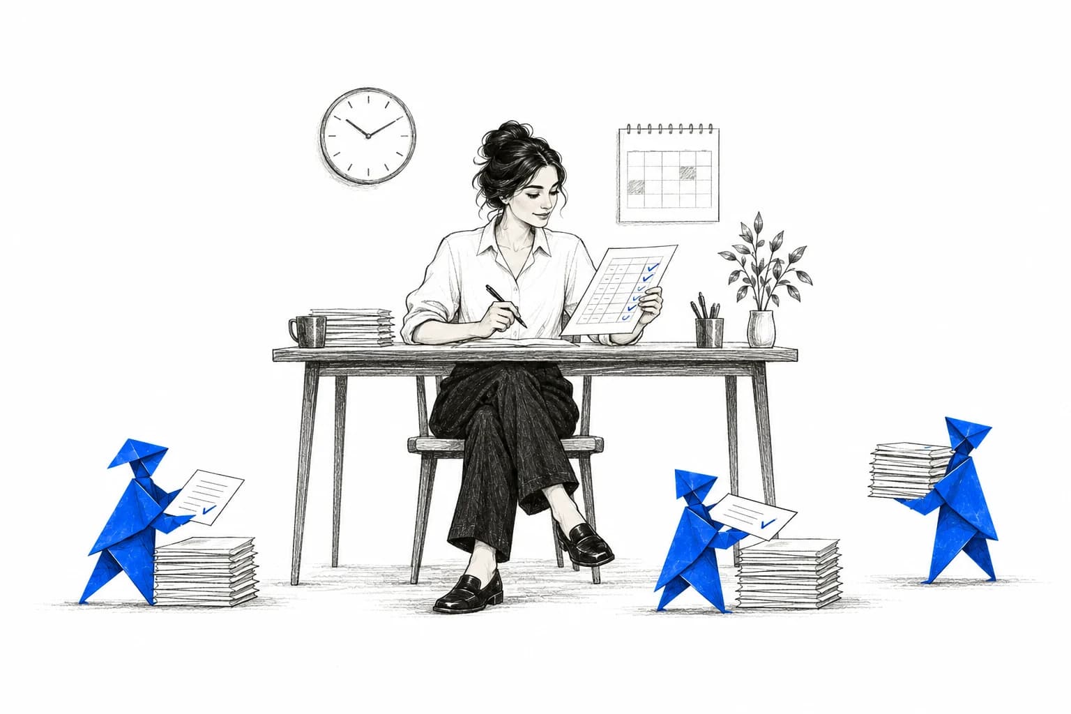 Pencil illustration of a specialist reviewing timesheets with blue folded-paper helpers.